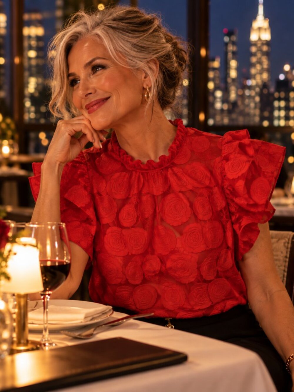 VOY Red Rose Textured Ruffle Sleeve Blouse Top M NWT Holiday Party